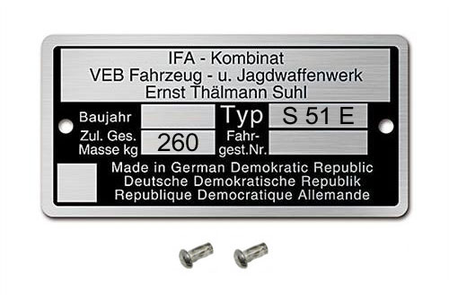 Typenschild für Rahmen Simson S51 Enduro