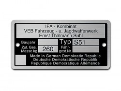 Typenschild (Rahmenplakette) Simson S51