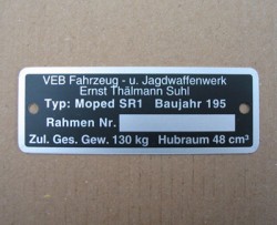 Typenschild am Rahmen f�r Simson SR1
