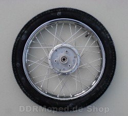 Komplettrad 1,5x16 Alufelge poliert, Radnabe Grauguss-Bremsring, Reifen Heidenau K55 - Hinterrad