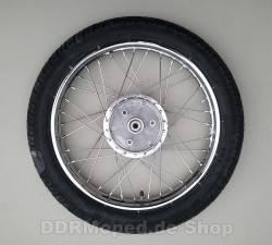 Komplettrad 1,6x16 Alufelge poliert, Edelstahlspeichen, Radnabe Grauguss-Bremsring, Reifen VeeRubber 094