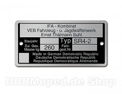 Typenschild (Rahmenplakette) Simson Star SR4-2