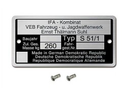 Typenschild (Rahmenplakette) + 2 x Kabelngel Edelstahl - Simson S51/1
